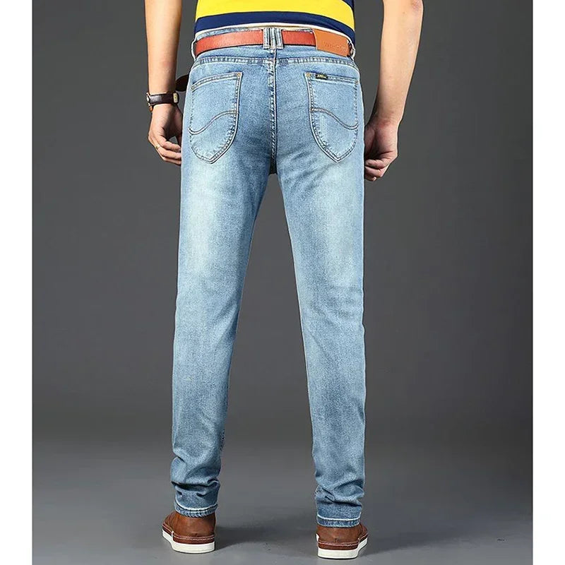 New Men Classic Casual Jeans Male Fashion Business Slim Straight Leg Trousers Stretch Denim Fabric Pants