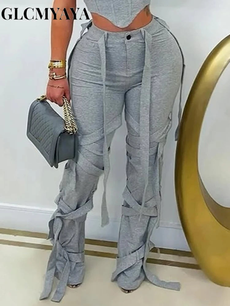 CM.YAYA Active Women High Waist Straight Mult Ribbon Long Pants 2025 Fall Casual Cargo Sweatpants Streetwear Classic Trousers