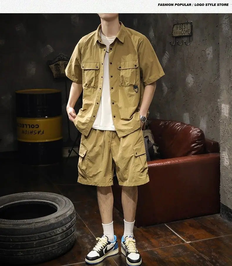 Trendy Cargo Summer Clothes Set Men Short Sleeve Shirt with Pockets And Shorts Solid Casual Safari Outdoor Outfits