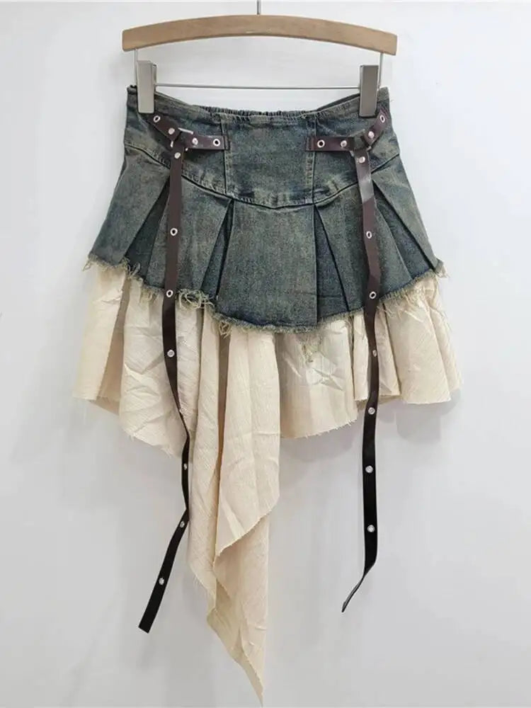 EAM Color-block Irregular Spliced High Elastic Waist A-line Mini Denim Skirt Women Fashion Tide New Spring Autumn 2026 30A3307