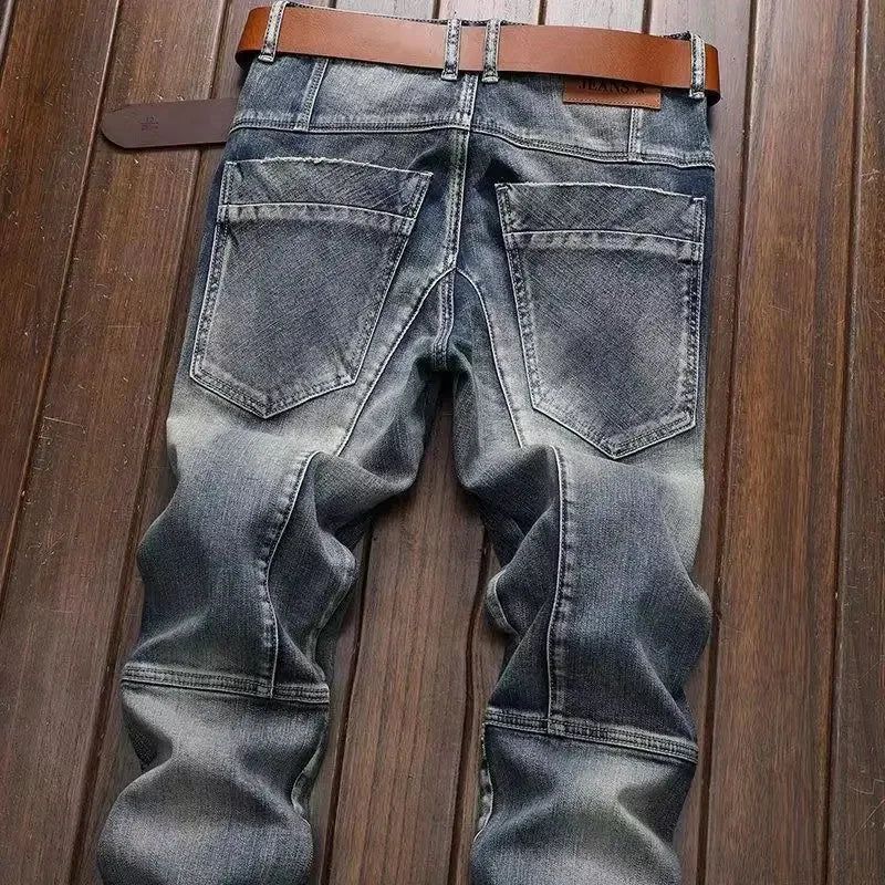 New Spring Autumn Wash Denim Korean Style Blue Designer Cowboy Cycling Motorcycle Splice Vintage Cargo Strech Pant Jean Trousers