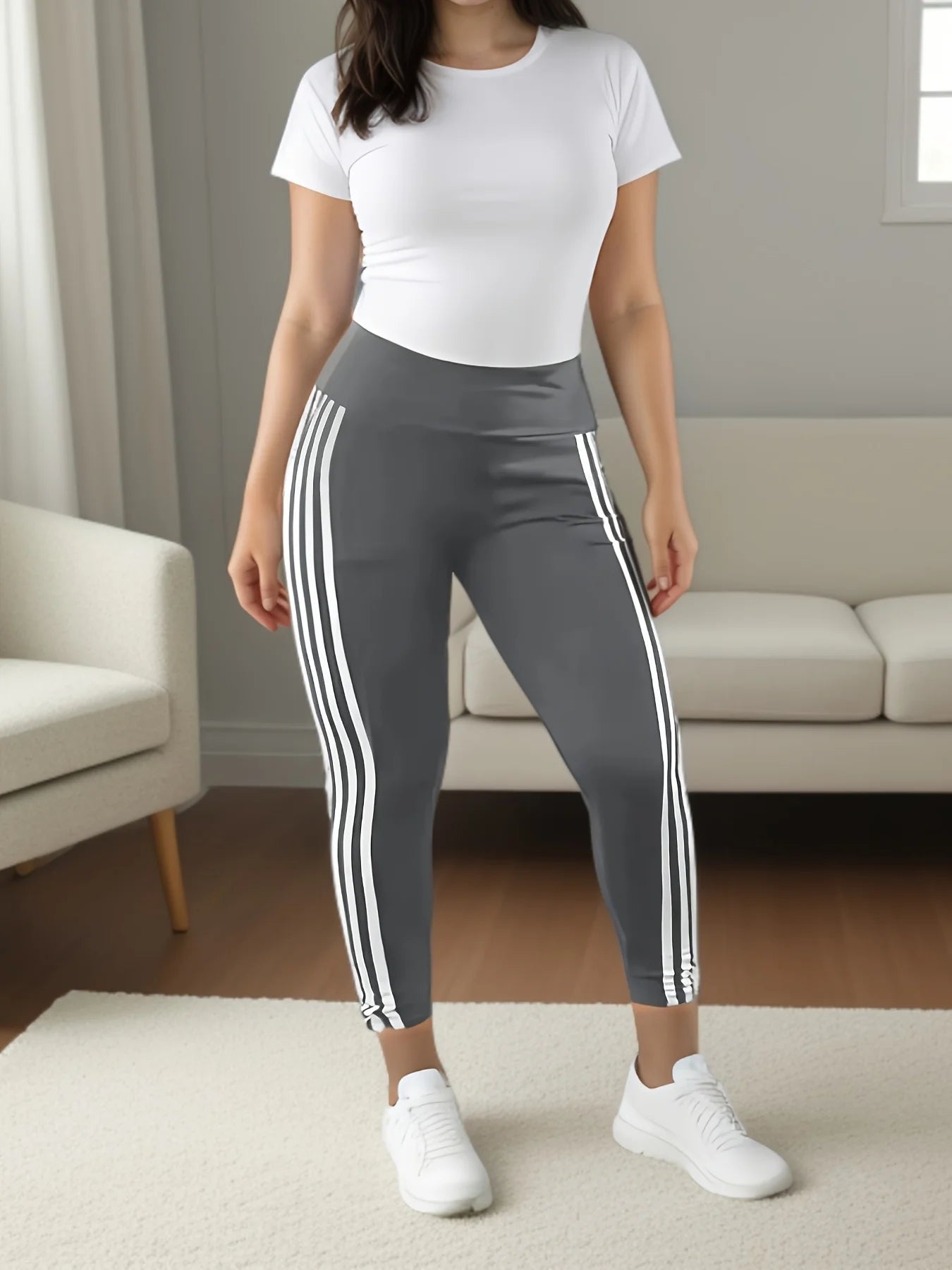 Women 1XL-5XL Plus Size Fashion Striped Leggings Pants Ladies Casual Slim Sports Pants Running Pants