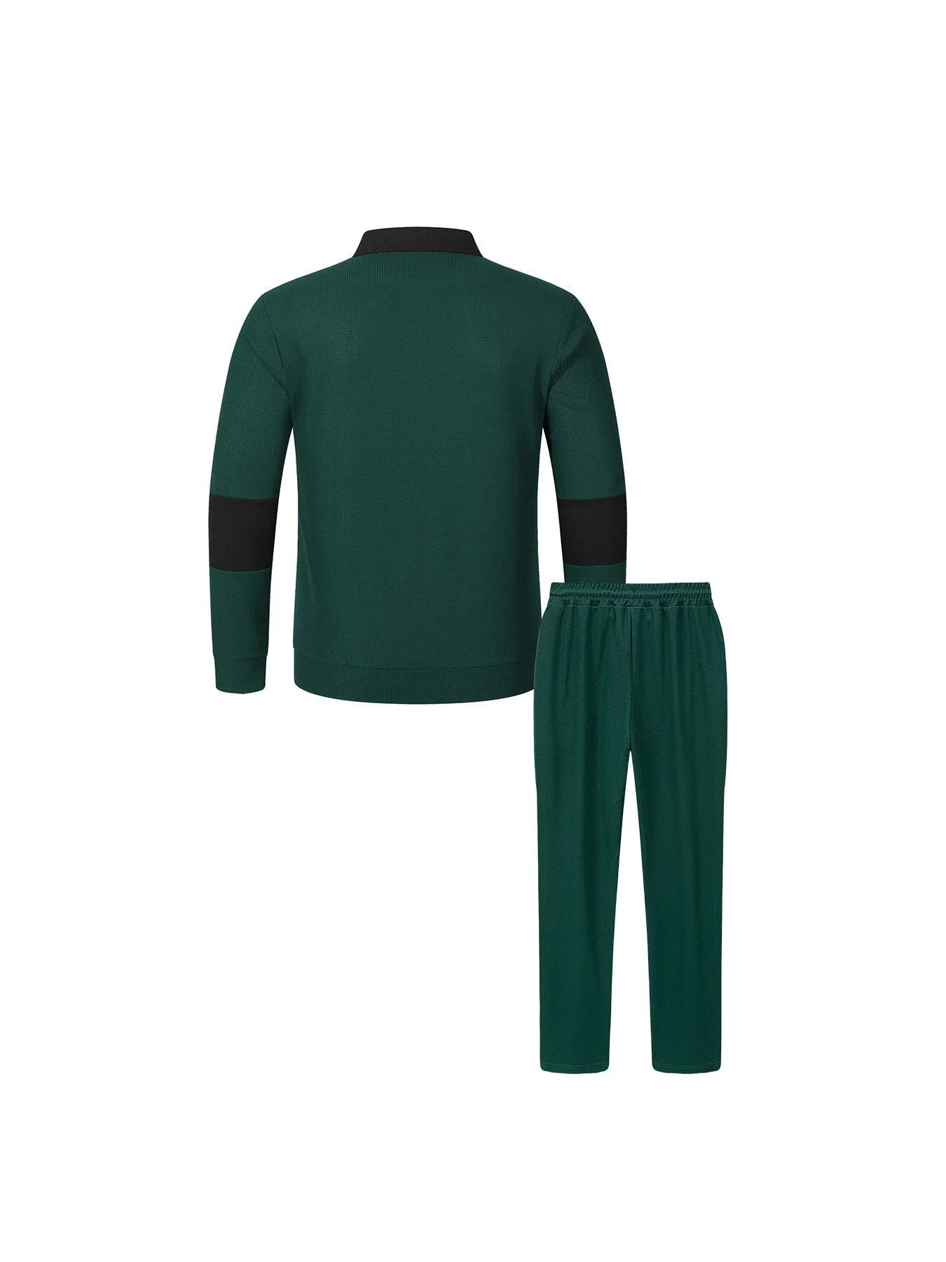 Men's Fashion 2-Piece Outfit Waffle Knit Polo Neck Top & Straight Leg Pants Set Casual Sporty Color Block Tracksuit