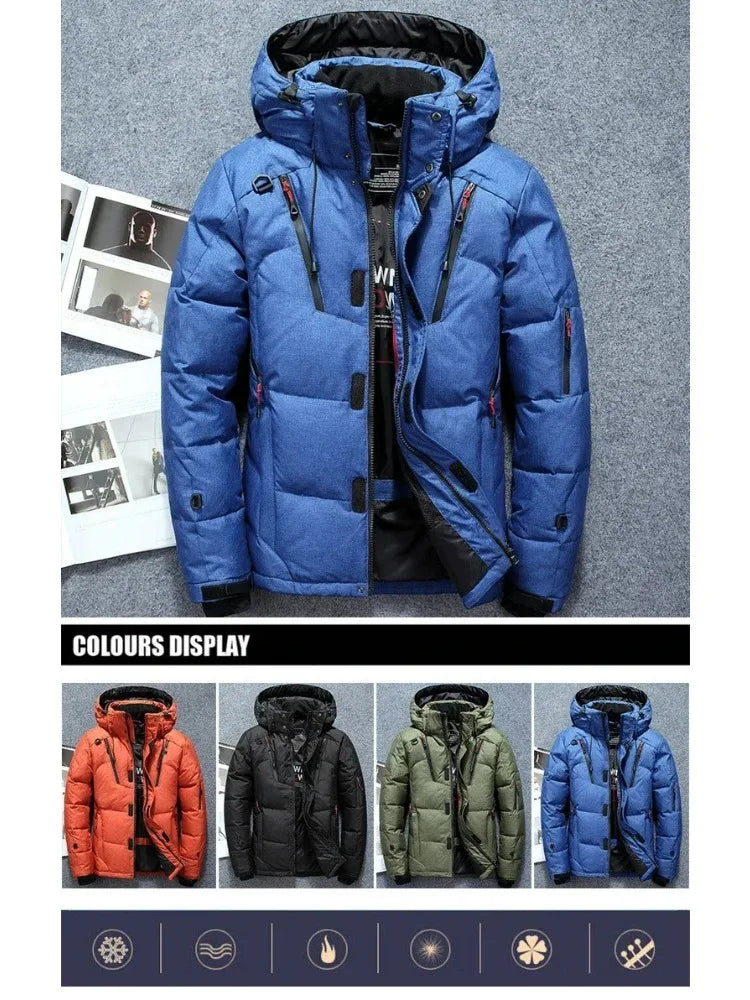 Winter Thickened Men Down Jacket Climbing Hunting Hooded Warm White Duck Down Coat Man Casual Lightweight Puffer Jacket Ski Snow