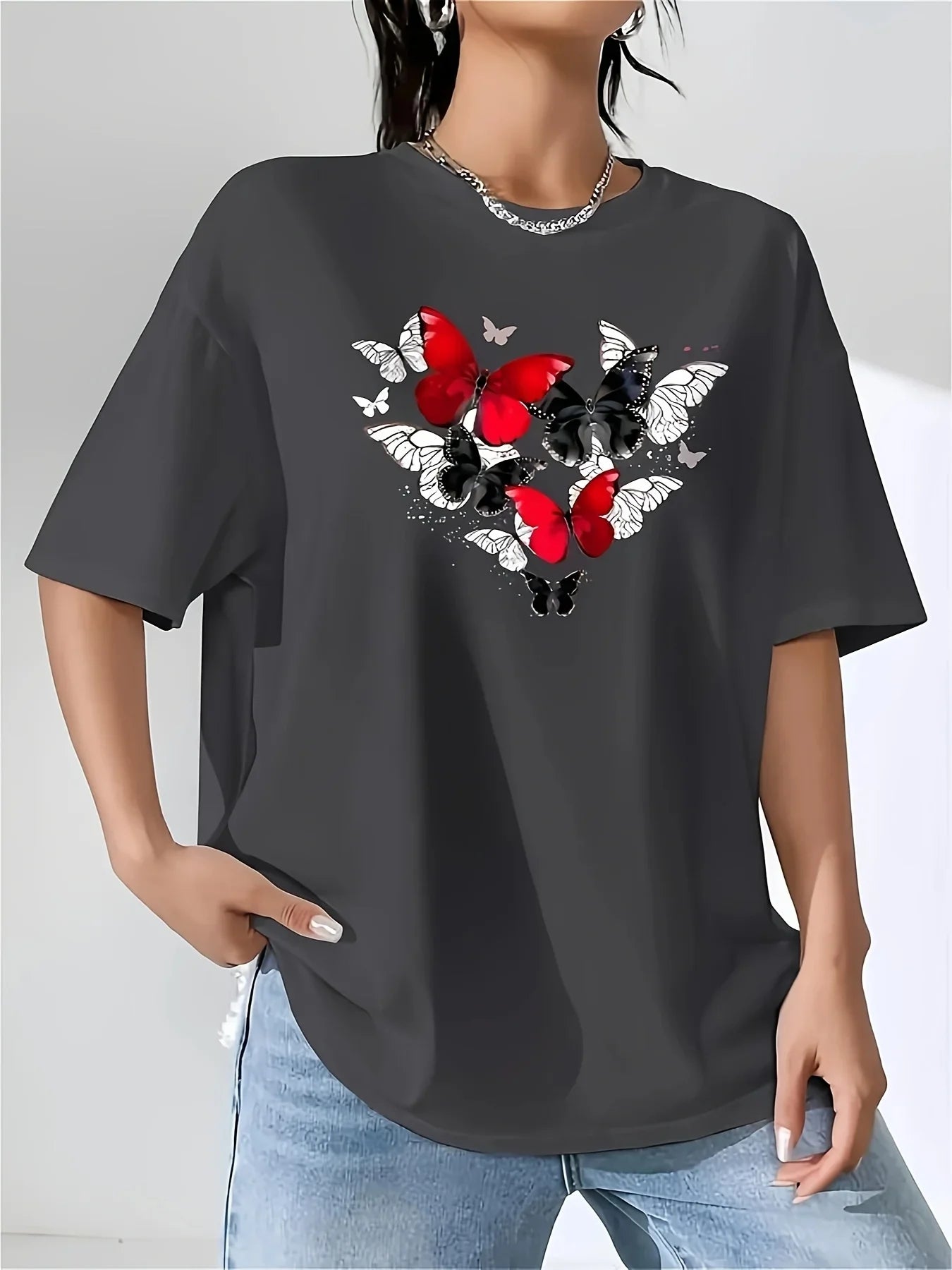 Women's Red Butterfly Heart Print T-Shirt Short Sleeve Round Neck Casual Top for Spring Summer & All-Season Wear