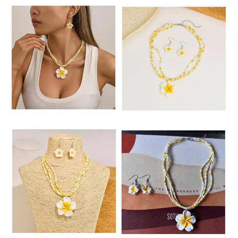 Egg Flower Earrings Necklaces Set Pendant Bohemia Flower Necklaces Earrings Drop Earrings Choker Vacation Style Jewelry Girl