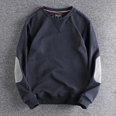 Spring New American Retro Sleeve Patch Solid Color Sweatshirt Men's Simple 100% Cotton Washed Pullover Loose Casual Sportwear