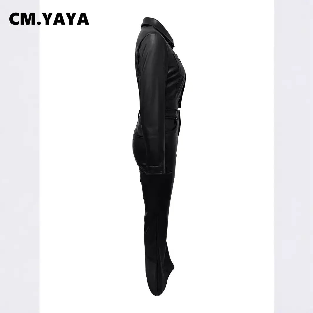 CM.YAYA Faux Leather Women's Set Single Breasted Jacket and Flare Pants Suit 2024 Fall Winter Two 2 Piece Sets Outfits Tracksuit