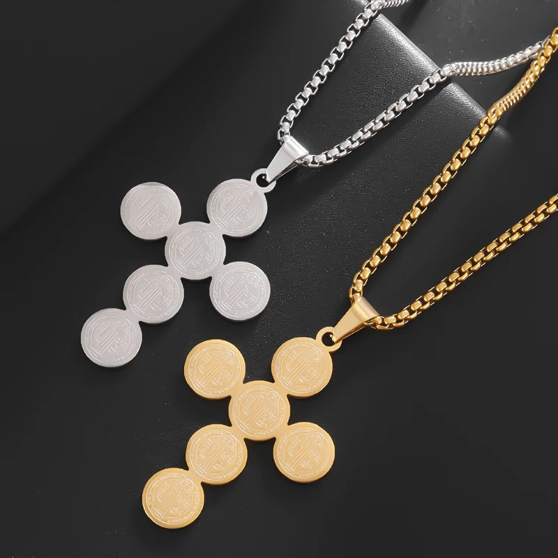 Stainless Steel Christian Saint Benedict Cross Pendant Necklace for Men's Fashionable Retro Religious Lucky Talisman Jewelry