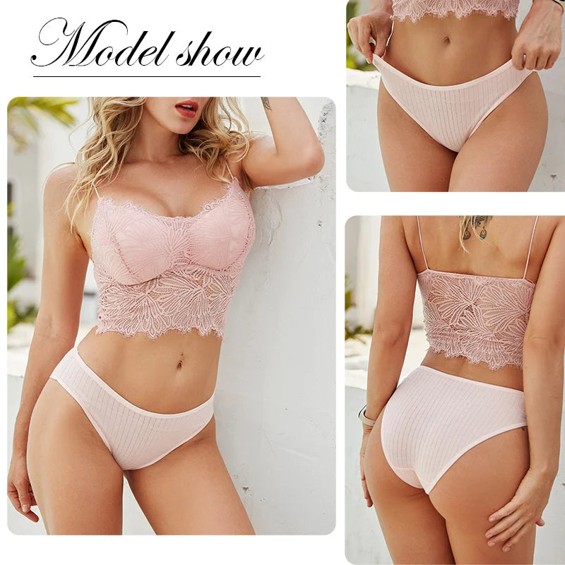 FINETOO 9PCS/SET Cotton Striped Underwear Women's Panties Sexy Soft Solid Color Briefs Female Comfortable Stretch Lingerie M-XL
