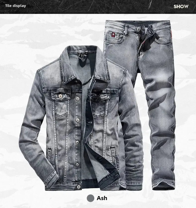 Spring Autumn Men's Denim Suit Loose Fit Plus Size Korean Trendy Two-Piece Student Versatile Outerwear Casual Jacket