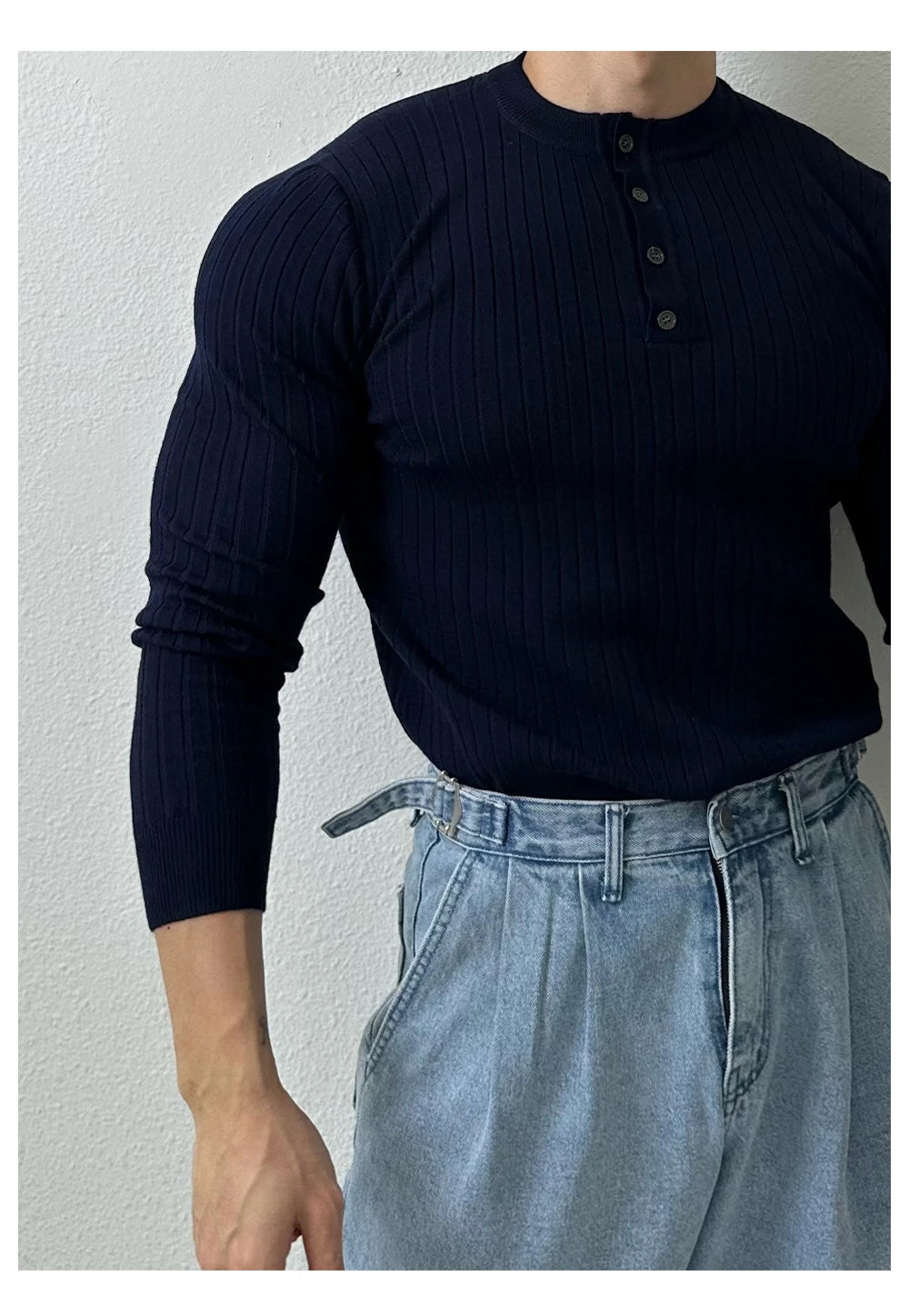 Autumn Clothing Men's Light Luxury Knit Korean Popular Henry Collar T-shirt Button-down Long Sleeve Retro Leisure Knitwear
