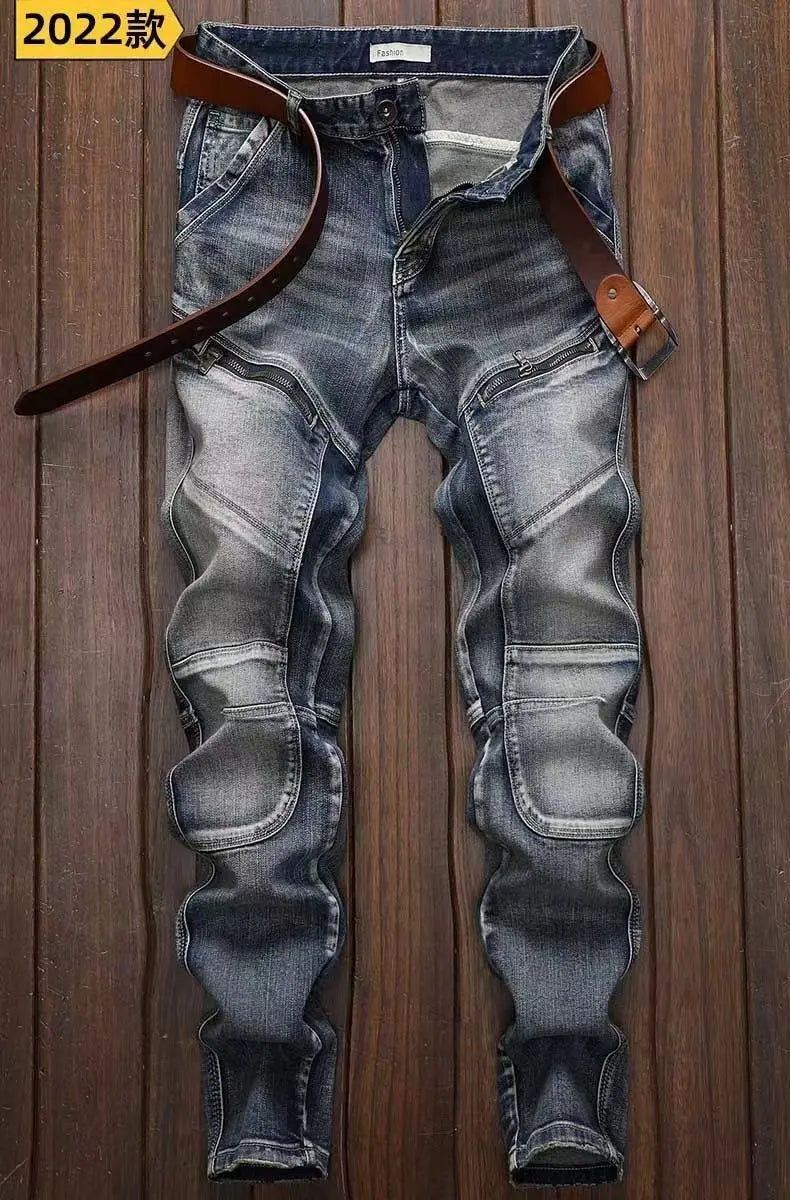 New Spring Autumn Wash Denim Korean Style Blue Designer Cowboy Cycling Motorcycle Splice Vintage Cargo Strech Pant Jean Trousers