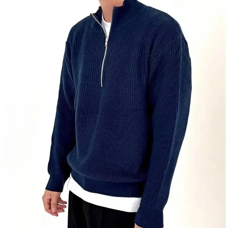 American Fashion Brand Design Korean Style Stand Collar Half Zipper Sweater Men's Temperament Versatile Knitted Sweater