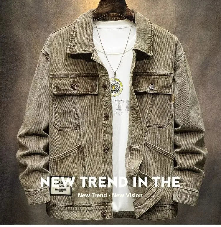 Stylish Versatile Men's Denim Jacket Autumn Spring Trendy Korean Version Casual Long Sleeve Standard Fit Outerwear Coat