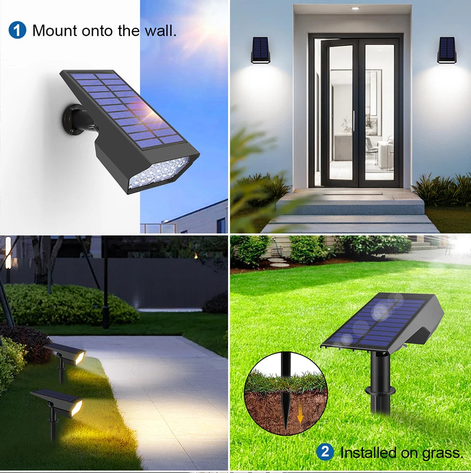 Dimmable LED Solar Spotlight With Monocrystalline Silicon Solar Panel Fast Charge For Outdoor Landscape Wall Pathway Garden Yard