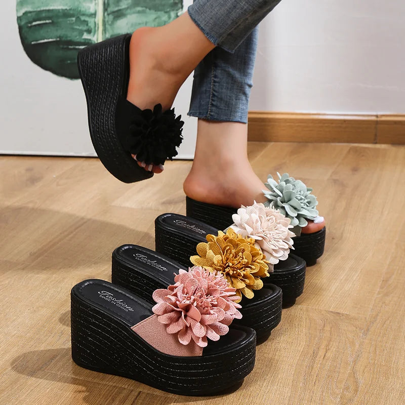 2025 Wedges Sandals Women Slippers Summer Beach Platform Shoes Flower Slippers Women High Heel Slippers Women Fashion