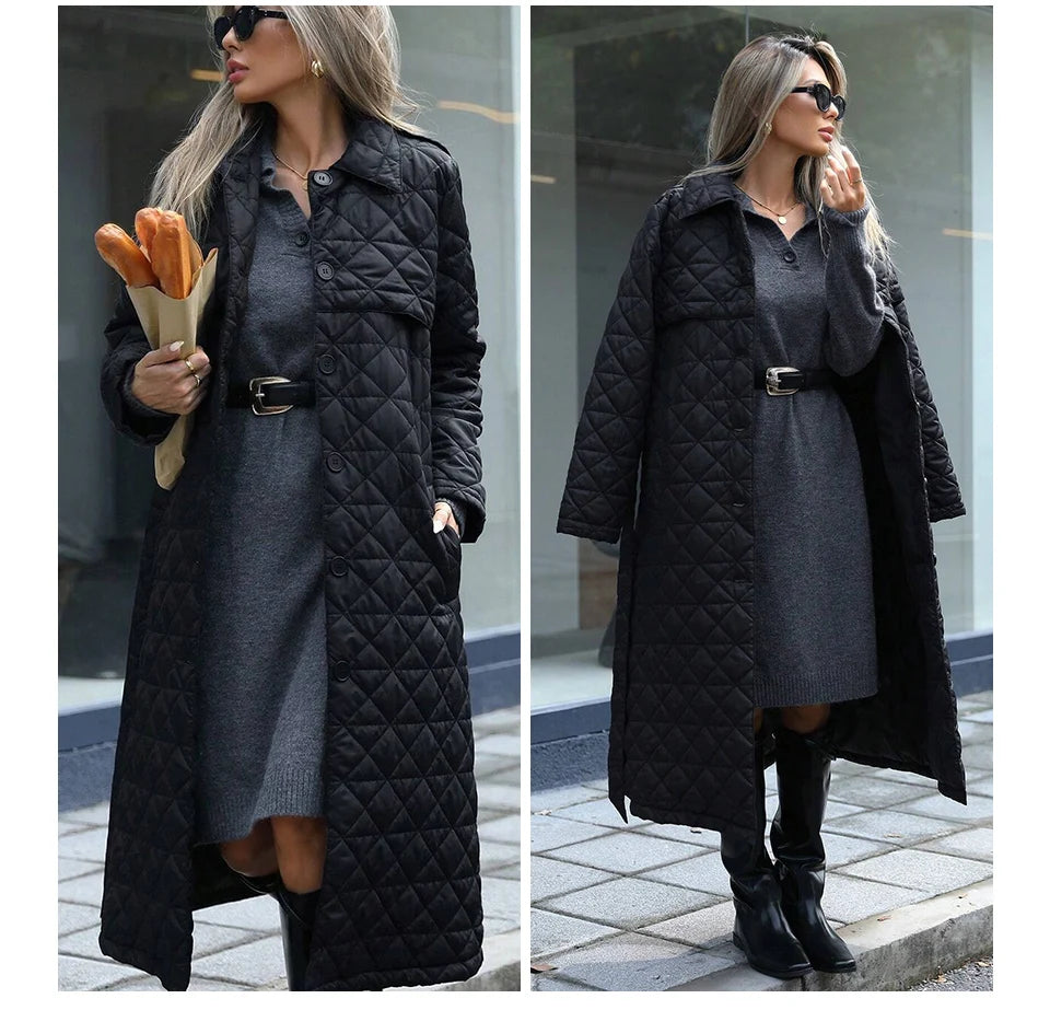 Conciso Women's Coat Spring Autumn Solid Color Lapel Gathered Waist Office Versatile Parka Long Belt Diamondback Jacket M25002