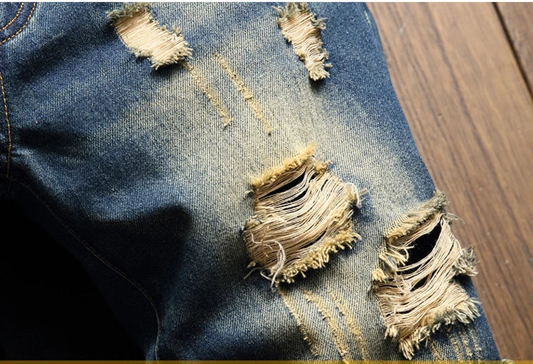2025 Summer Ripped Denim Shorts Men's Loose Splicing Knee-length Casual Short Jeans Personality Streetwear Hip Hop Male Clothes