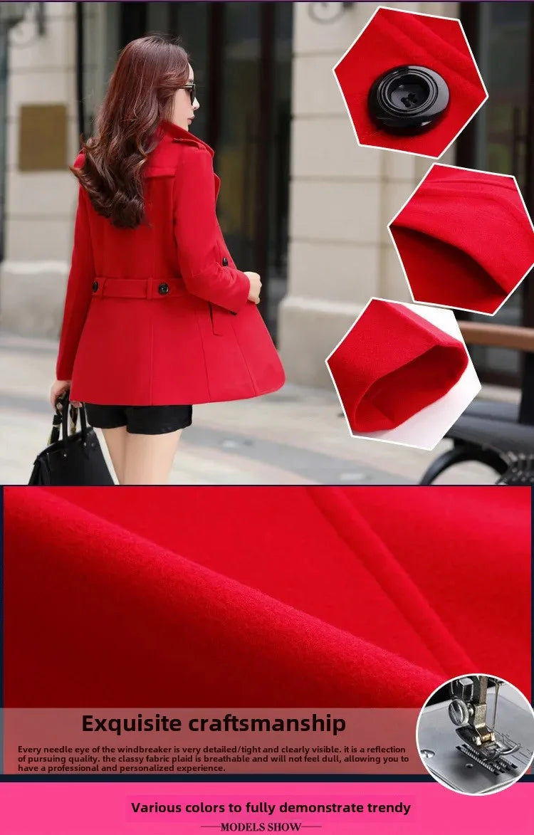 Spring Autumn Women's Slim Fit Short Double Breasted Woolen Coat Thickened Korean Style Fashionable Outerwear