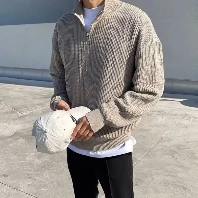 American Fashion Brand Design Korean Style Stand Collar Half Zipper Sweater Men's Temperament Versatile Knitted Sweater