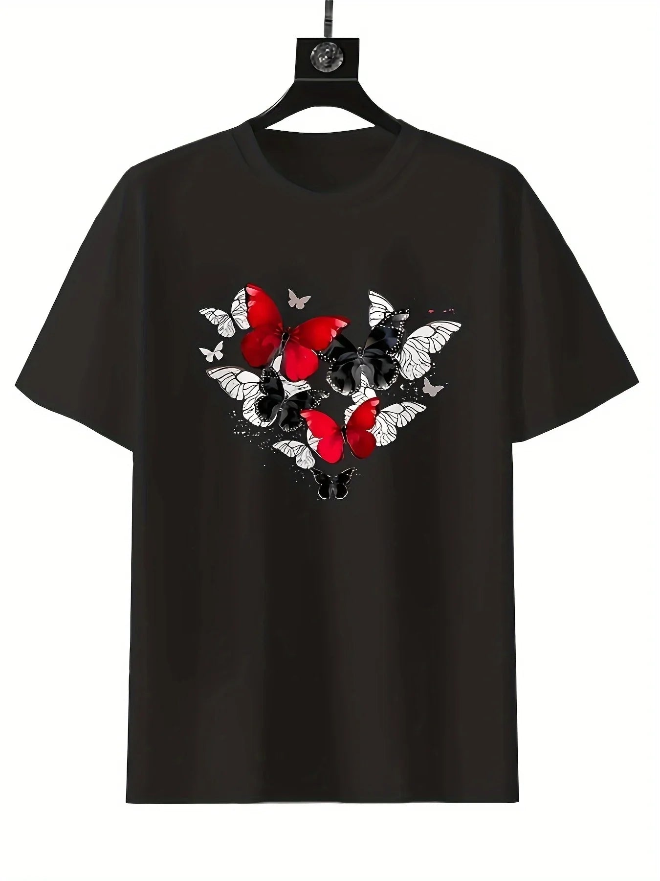 Women's Red Butterfly Heart Print T-Shirt Short Sleeve Round Neck Casual Top for Spring Summer & All-Season Wear