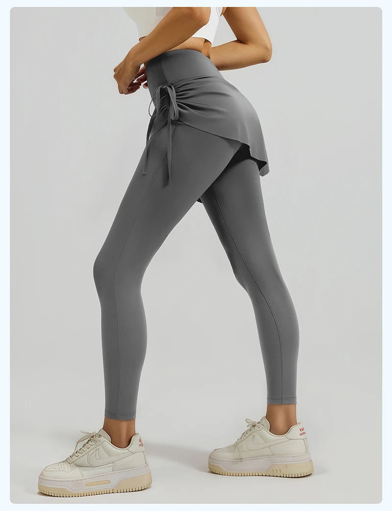 BIVIGAOS New Spring Drawstring Pleated Yoga Leggings Skirt Pants Fake Two Piece Women High Waist Elastic Sports Fitness Leggings