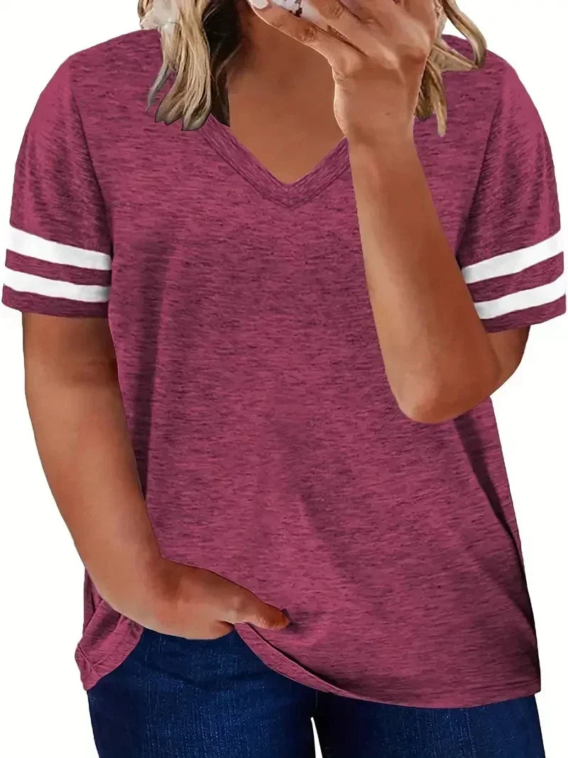 Women Fashion Plus Size V-neck Summer Color Blocked  T-shirt Summer Loose Top Short Sleeved Casual T-shirt 1XL-8XL