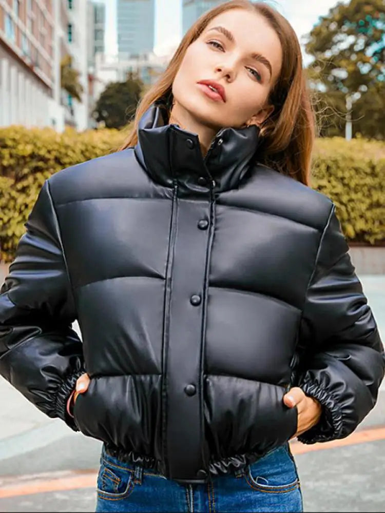 Winter Warm Thick PU Leather Coats Women Short Parkas Fashion Black Cotton Padded Lady Down Jacket Elegant Zipper Clothes 2025