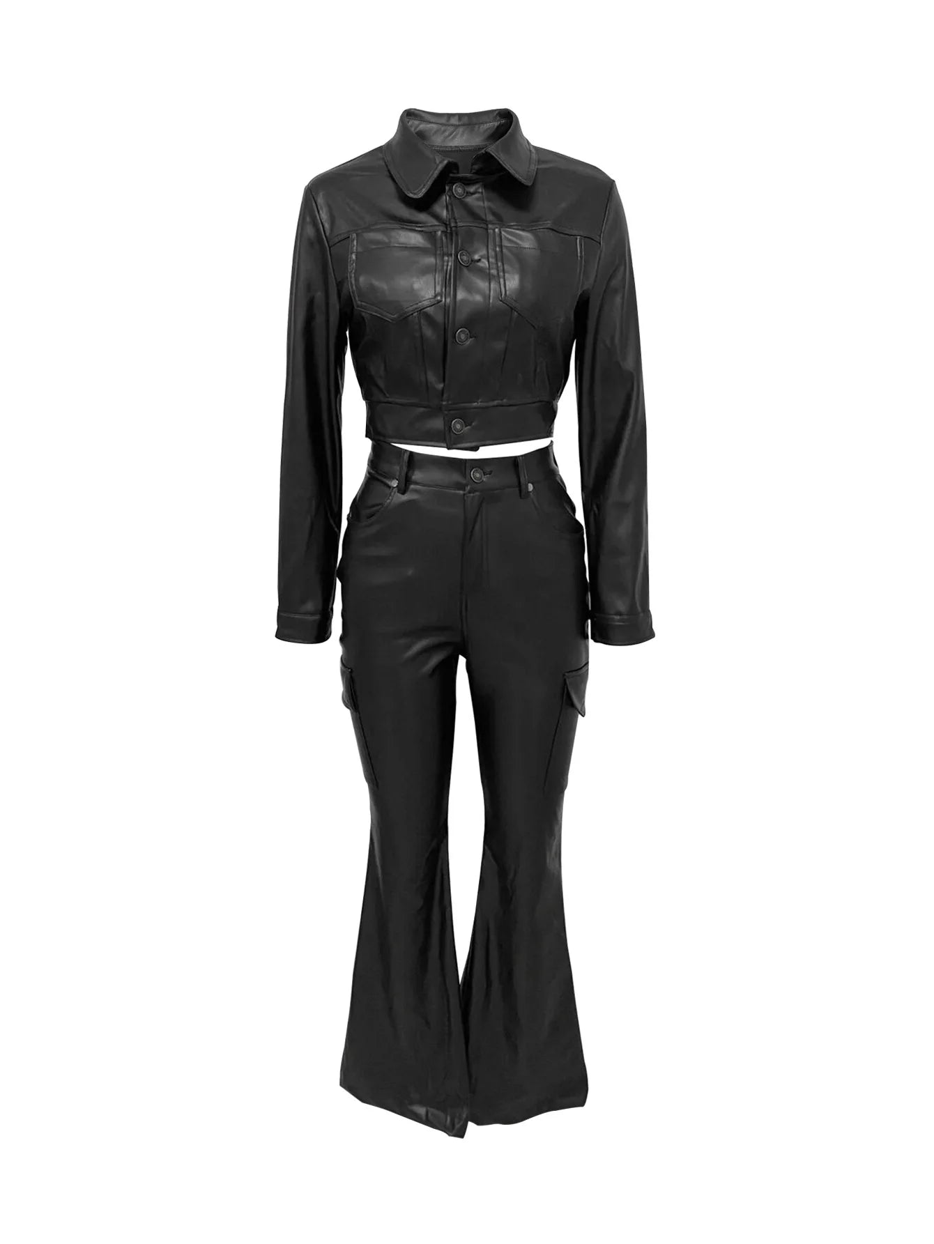 CM.YAYA Faux Leather Women's Set Single Breasted Jacket and Flare Pants Suit 2024 Fall Winter Two 2 Piece Sets Outfits Tracksuit