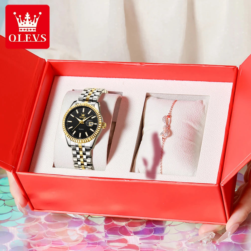 OLEVS 5593 Ladies Watches Original Luxury Quartz Wristwatch Stainless Steel Waterproof Luminous Day Date Watch Bracelet Set ﻿