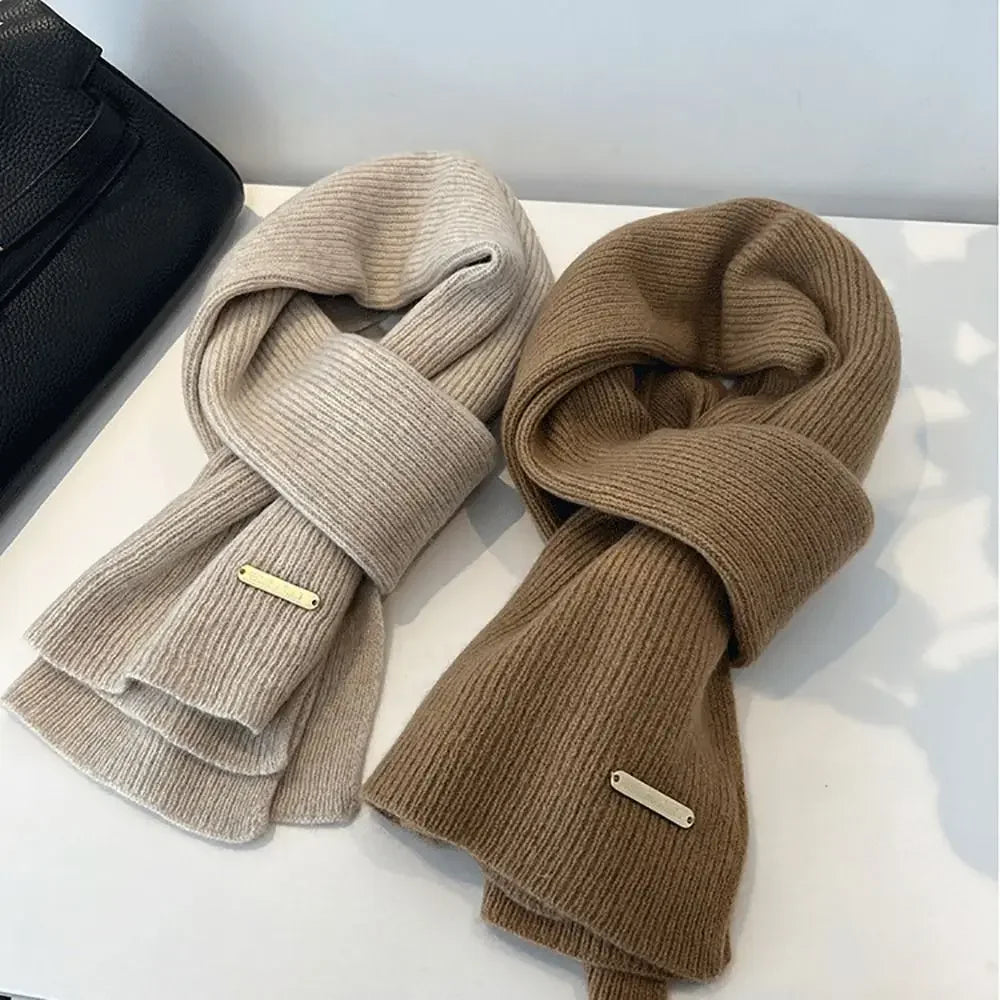New Korean Style Thick Warm Metal Logo Long Scarf Winter Knitted Solid Color Womens Scarf