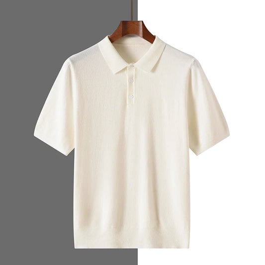 2025 Classic Polo Neck T-Shirt Pullover Men Knitwear Wool Lyocell Blend Sweater Short Sleeved Cool High-Quality Clothing Tops