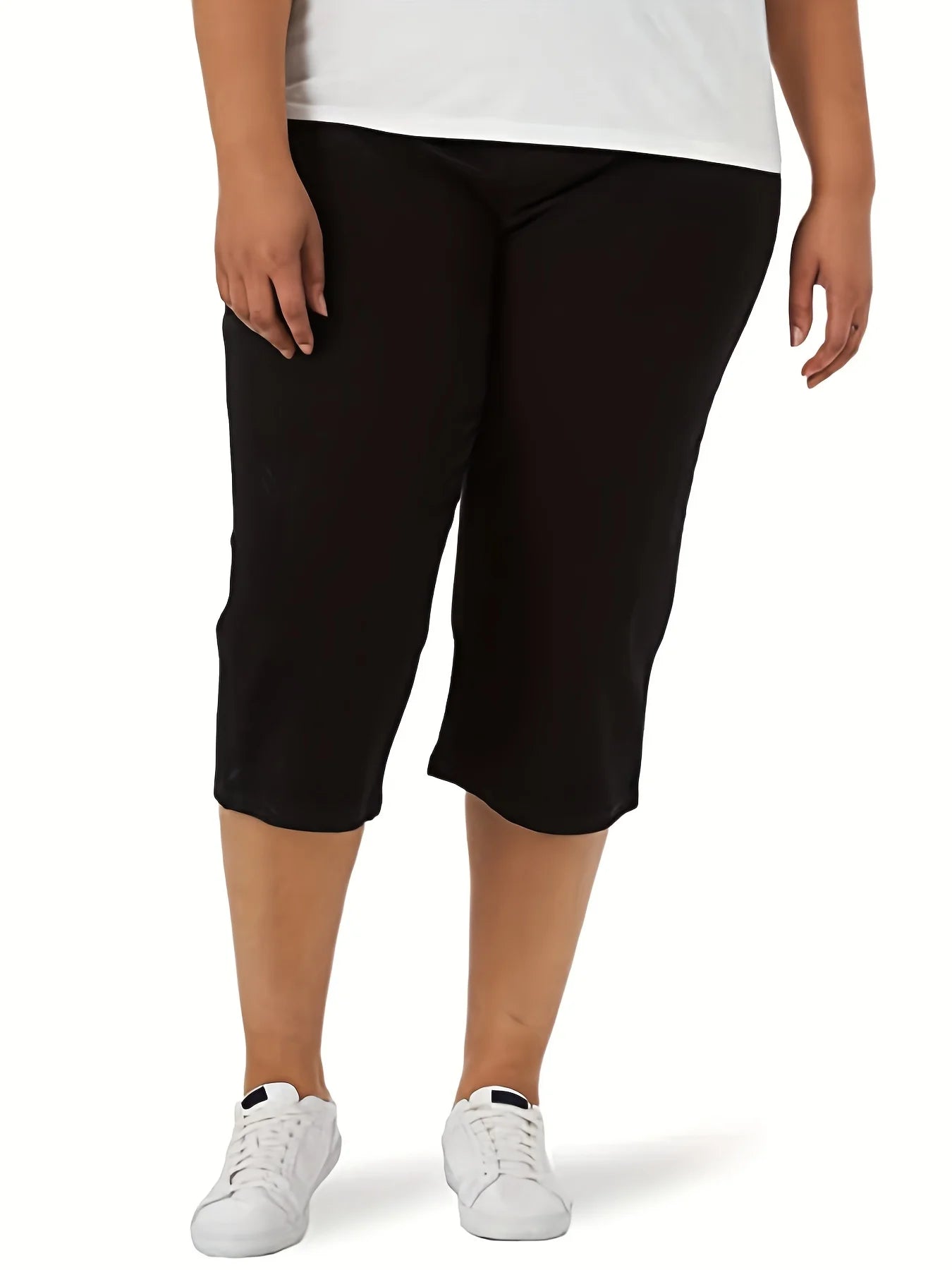 New plus-size women's knitted fabric high-grade pocket design solid color tight casual seven-cent pants in the summer of 2024