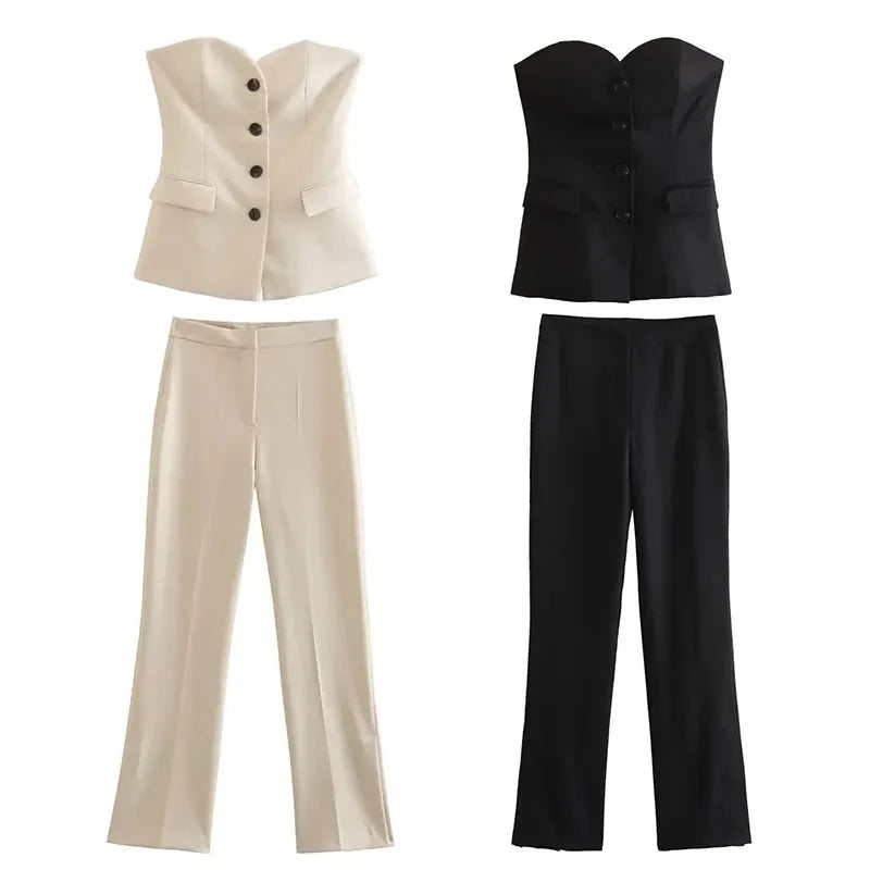 HH 2024 Women Solid Tube Top Pant Suit Sleeveless Off Shoulder Single Breasted Tube Top+All-match Straight Trousers Set TRAF