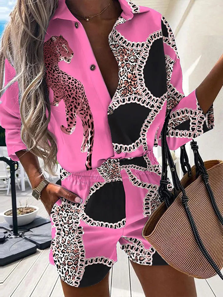Fashion Women Print Two Piece Sets 2022 Spring Summer Turn-down Neck Long Sleeve Shirt Tops Short Pant Suit Lady Casual Outfit