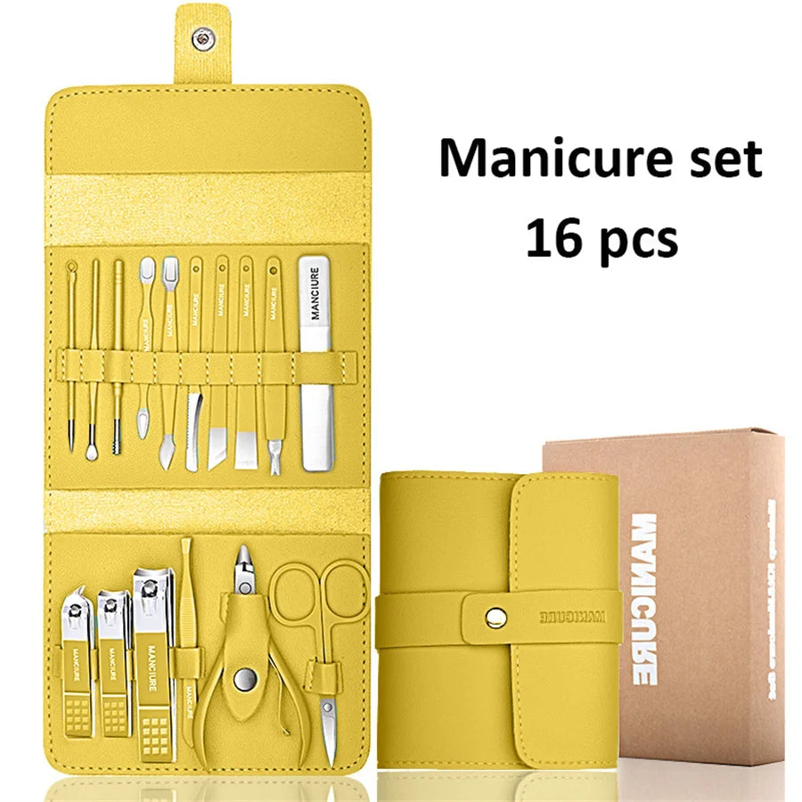 12-16pcs/set Nail Cutter Set Stainless Steel Nail Clippers Set With Folding Bag Manicure Cutter Kits Scissors Makeup Beauty Tool