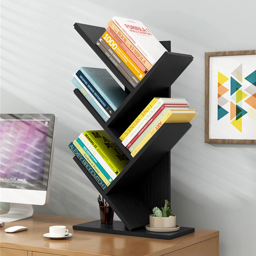 【Breeins】Rustic Standing Tree Bookshelf Wood Display Rack For Home Office Decoration Storage Organizer Shelf Bookcase