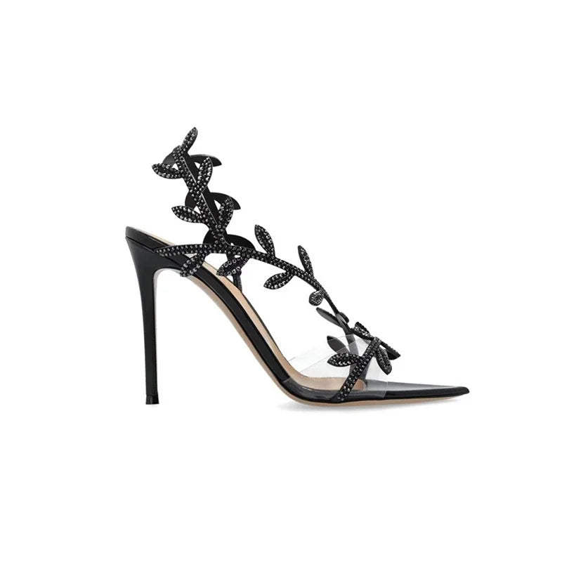 European American Pointed-Toed Rhinestone Leaves Thin Heel Sandals 2025 Spring And Autumn New Style Fashionable Elegant Party