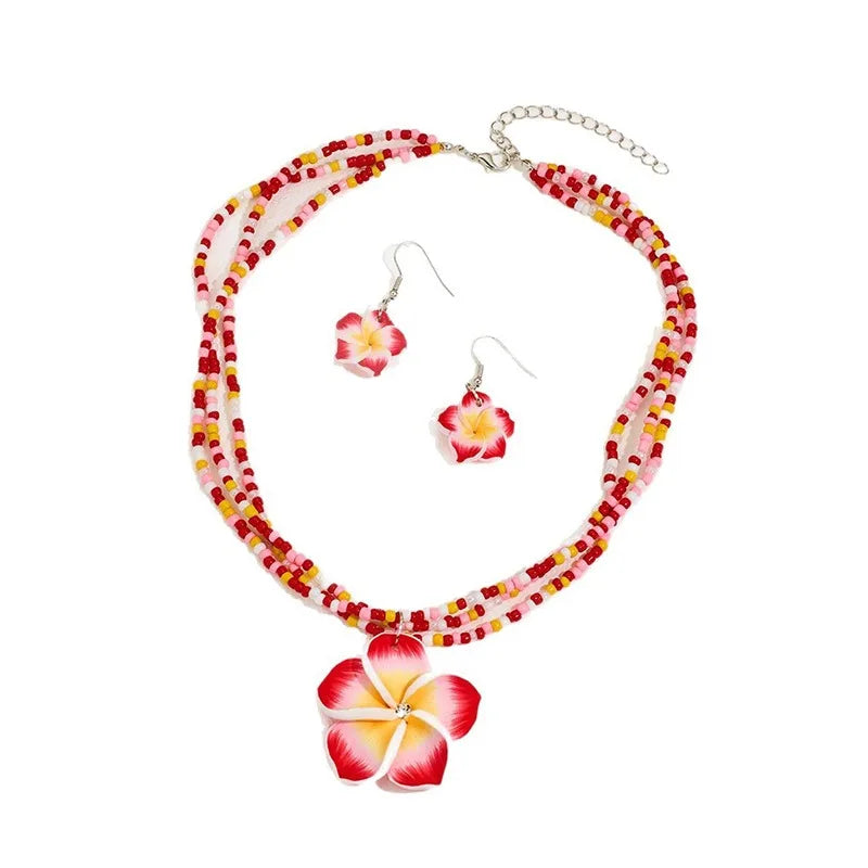 Egg Flower Earrings Necklaces Set Pendant Bohemia Flower Necklaces Earrings Drop Earrings Choker Vacation Style Jewelry Girl