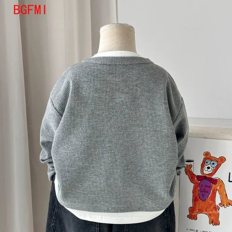 Babys Boys Waffle Grid Long Sleeved V-neck T-shirt Spring Autumn 2025 Pullover Cotton Hoodie Kids Handsome Fake Two Items Tops