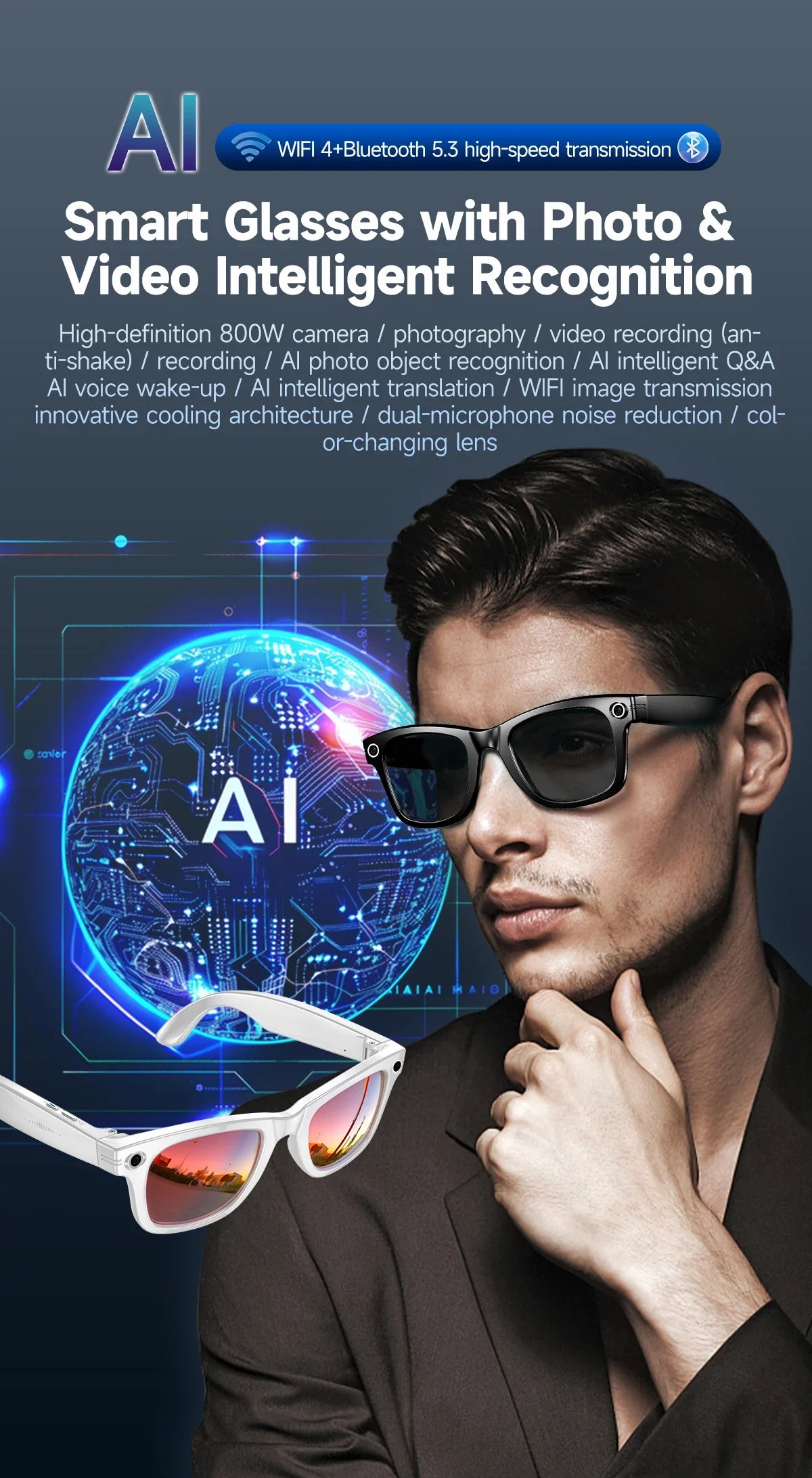 2025 New Upgrade smart glasees With Camera Video Recording AI Photo Recognition Bluetooth Call Translation Voice Sunglasses Man
