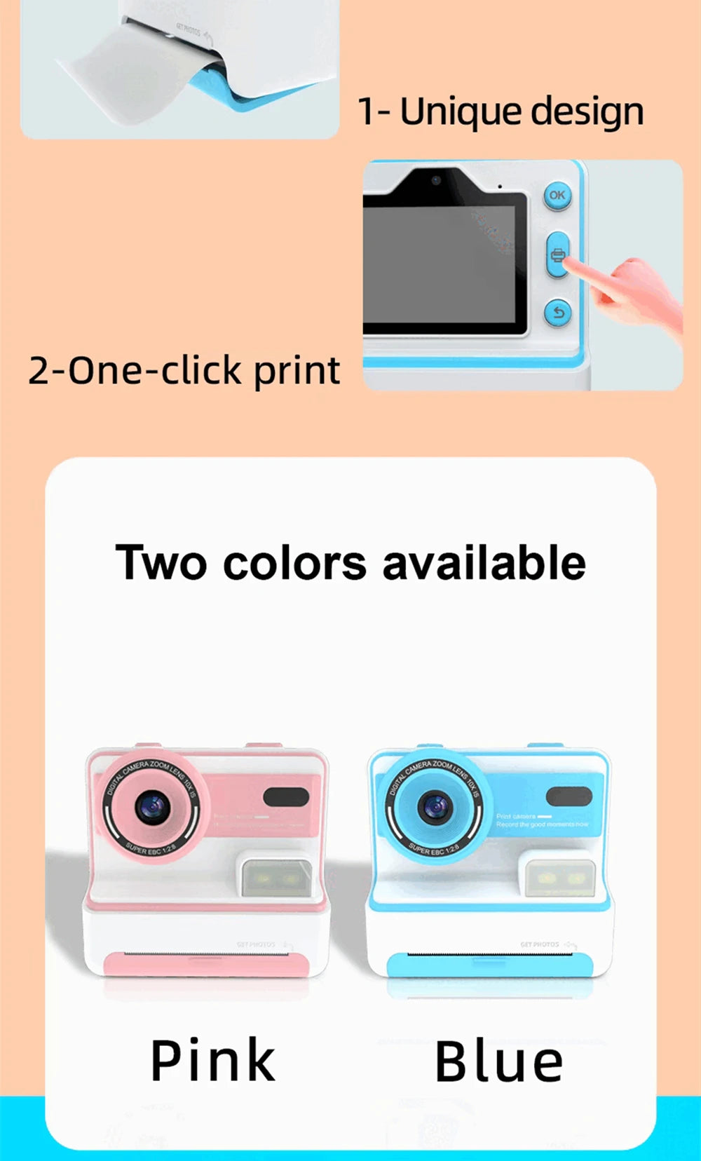 Kids Instant Print Camera 1080P 48MP 2.4 Inch Screen 16X Zoom Children Camera Thermal Printer Portable Travel Selfie Camera Toy