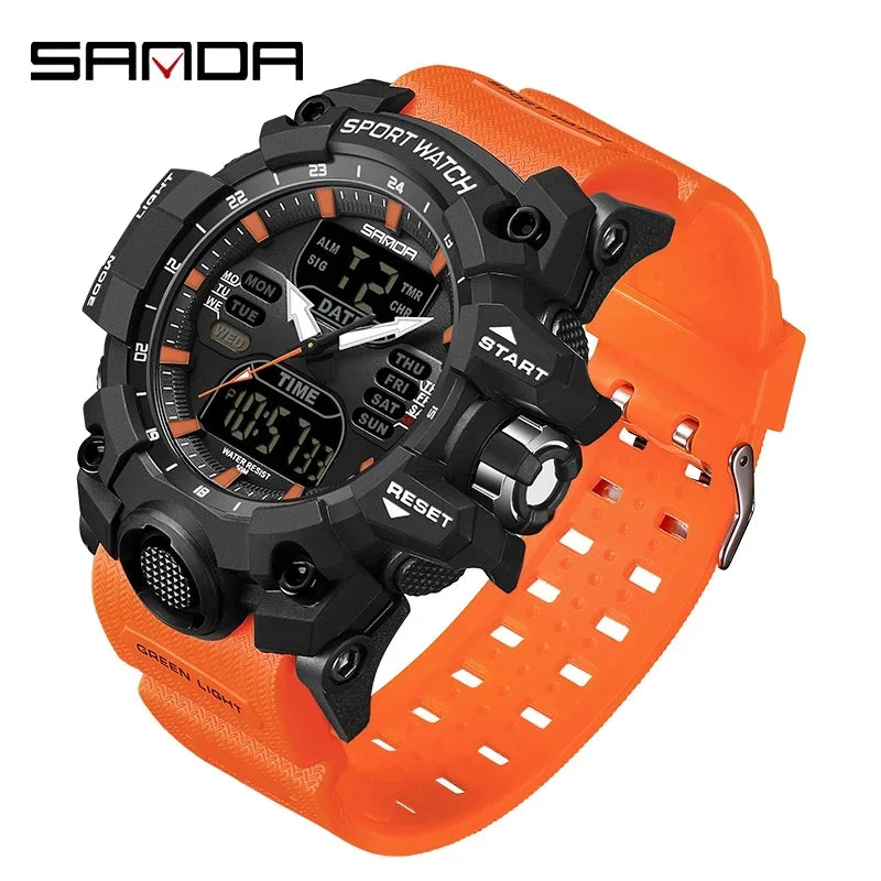 SANDA 6126 Military Man Alarm Stopwatch Quartz Wristwatch Male Digital Clock  Dual Display Men Watches Waterproof Sports Watch