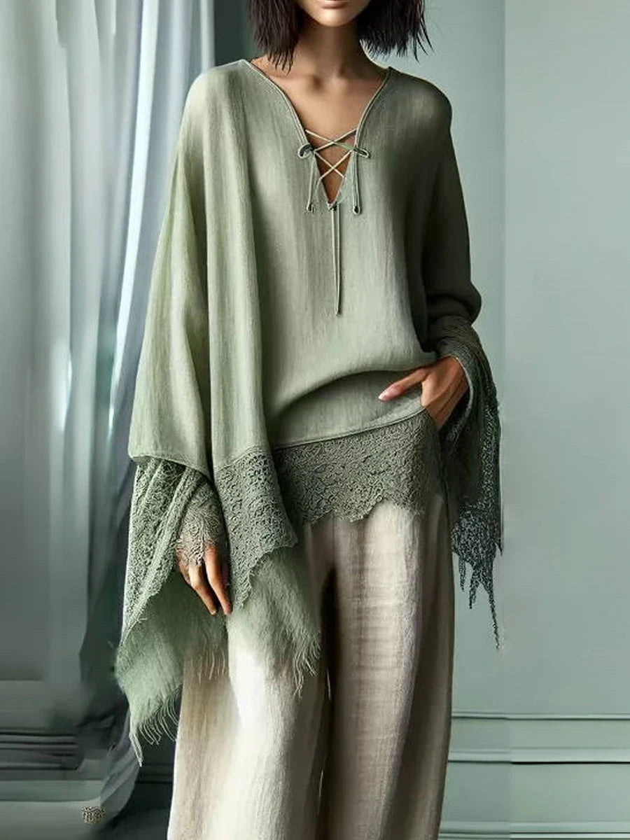 Women's Casual Trousers Fashion Bohemian Ethnic Style Sexy Lace Patchwork Solid Color High Waist Loose Women's Wide-Leg Pants