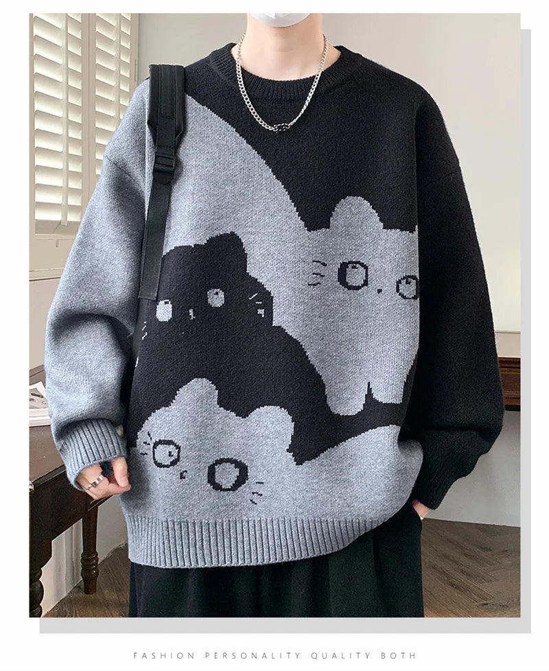 Winter Men's Anime Cat Jacquard Crewneck Knitted Sweaters Hip Hop Fashion Graphic Printed Y2K Jumpers Streetwear Knit Pullovers