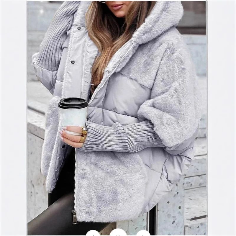 Women‘s Hooded Patchwork Warm Coat Autumn Padded Jacket Oversize Outerwear In Winter