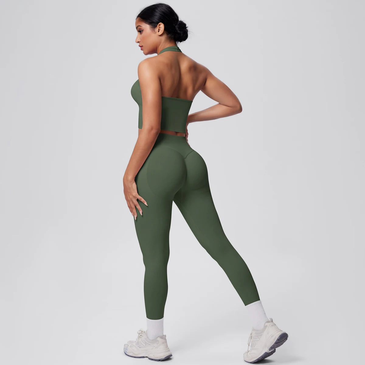 Solid Color Backless Breathable 2pieces Set for Woman High Strength Training Yoga Set Hanging Neck Bra Gym Push Up Fitness Pants