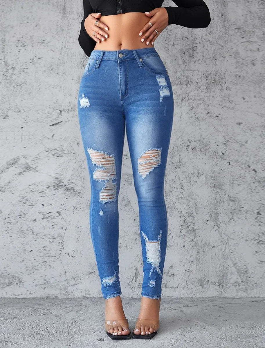 Women's Skinny Jeans Hole Design Spring Summer New Style Butt Lifting Long Trousers Comfortable Fit Denim Pants