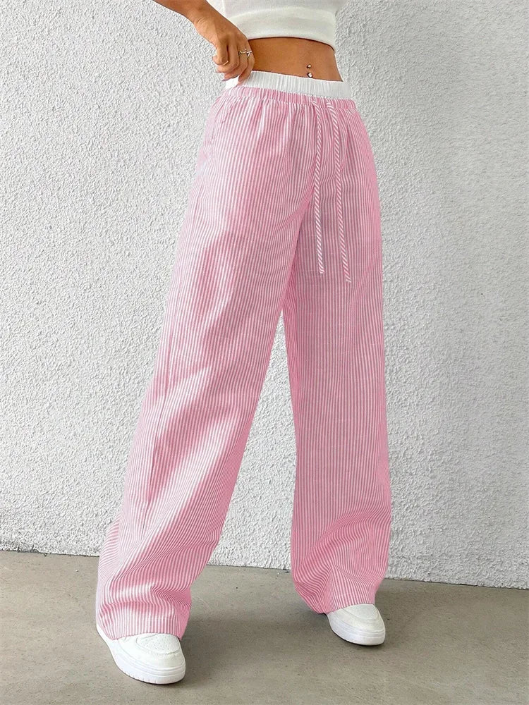 Casual Striped Woven Wide Leg Pants for Women Autumn Winter Casual Stylish Full Length Trousers Y2K Clothes Streetwear